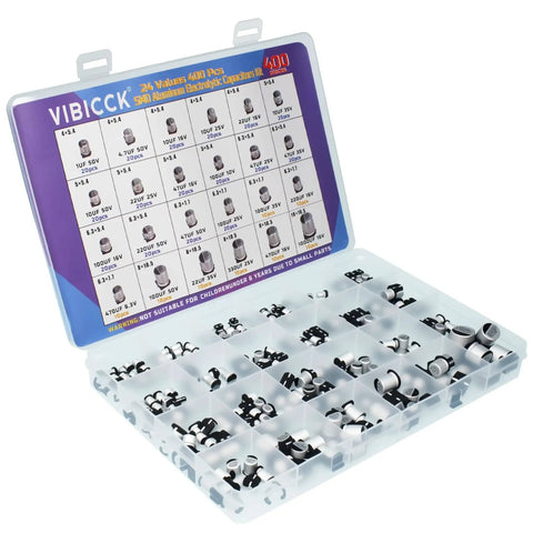 400 Piece Aluminum Electrolytic Capacitors Assortment Kit With 24 Values For SMD And Through Hole Circuits displayed in a box