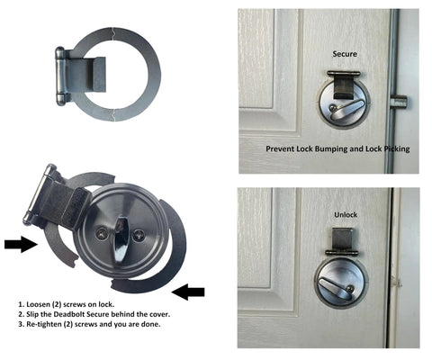 Anti Bump And Anti Pick Deadbolt Guard For In Swing And Out Swing Doors Quick No Drill Install In Minutes Fits Most Single Cylinder Deadbolts Nickel Plated adds extra home security shown in installation and use on door lock.