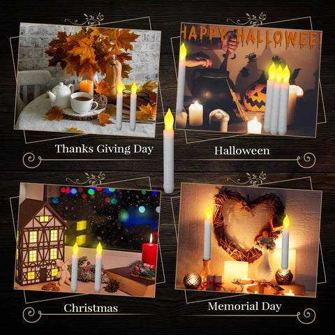 Decorative setup with 60 Piece Flameless LED Taper Candles Battery Operated With Realistic Flicker Warm White Light for holidays.