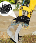 Universal Quick Change Mini Excavator Attachment Connector For Small Diggers shown installed on a digging bucket