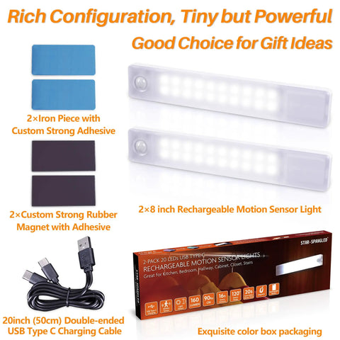 Under Cabinet Lights Rechargeable 8 Inch Motion Sensor LED Magnetic Stick On Closet Light Pack of 2 with USB Cable and Accessories