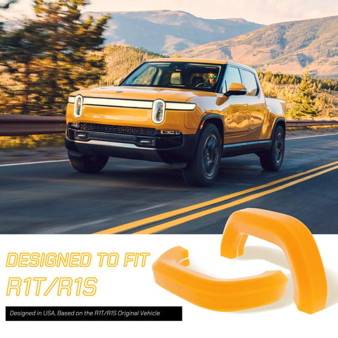 Two Pack Tow Hook Covers For Rivian R1T And R1S, Silicone Protective Caps in yellow, displayed in front of a Rivian truck