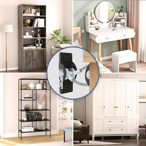 Heavy Duty Anti Tip Furniture Safety Straps For Baby Proofing And Wall Mirror Mounts Tough Built Earthquake Anchor Holders For Family Homes Four Pack No Drama Quick Install Hardware shown on various furniture.