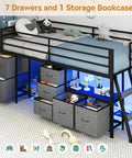 Low Loft Bed For Kids With Seven Storage Drawers And Built In Bookcase Twin Size Space Saving 14 Inch Guardrail Inclined Ladder LED