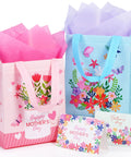 Mother's Day Gift Bags With Tissue Paper Floral Non-Woven Design 10x8x4.7 Inches Pink And Blue Two Pack