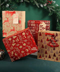 Assorted red and kraft holiday gift bags with festive designs and handles, set in a decorative Christmas scene.