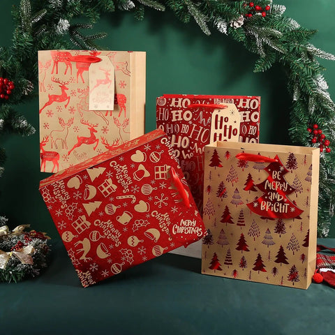Assorted red and kraft holiday gift bags with festive designs and handles, set in a decorative Christmas scene.
