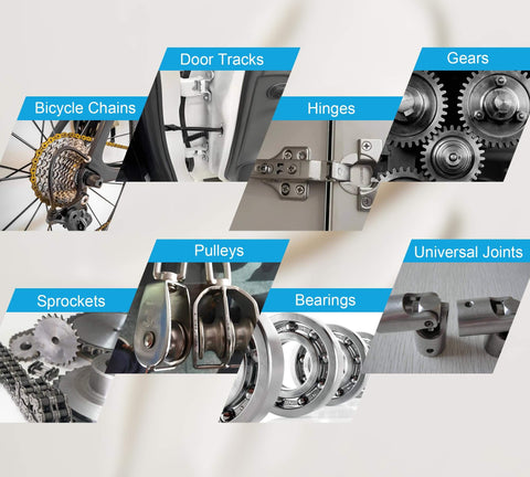 Close-up of bicycle chains, door tracks, hinges, gears, sprockets, pulleys, bearings, and universal joints lubricated by 4oz Go To Multi Purpose Lithium Grease For Metal Parts That Take Heat And Wear High Temp Automotive Lubricant With Brush Applicator Perfect For Brake Systems Bearings Gears Hinges Sliding Tracks And Other Metal To Metal Joints.