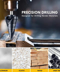Double Spiral Cobalt Step Drill Bit M35 With Hex Shank Unibit For Metal and Stainless Steel One Quarter To One and One Eighth Inch TiAIN Coated Heavy Duty Cutter drilling into metal