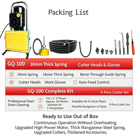 Packing list for 110V Electric Drain Auger Machine Commercial Heavy Duty Copper Spring Sewer Snake with accessories and cutter heads.