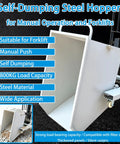 No Sweat Heavy Duty Steel Self Dumping Hopper with smooth roll casters for manual or forklift use, 800kg capacity.