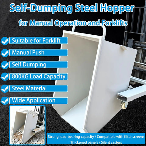 No Sweat Heavy Duty Steel Self Dumping Hopper with smooth roll casters for manual or forklift use, 800kg capacity.