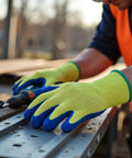 Worker using power tool while wearing Kevlar Tough Cut Resistant Work Gloves With PVC Grip ANSI Rated Heavy Duty Safety Gear