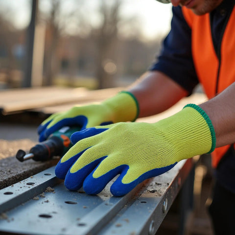 Worker using power tool while wearing Kevlar Tough Cut Resistant Work Gloves With PVC Grip ANSI Rated Heavy Duty Safety Gear