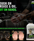 Heavy Duty Hand Cleaner For Mechanics With Pumice And Clay Infused Formula That Kicks Grease Oil And Grime Moisturizing Liquid Hand Soap For Shop Garage And Industrial Use 32 Oz bottle shown in use on greasy hands at a sink