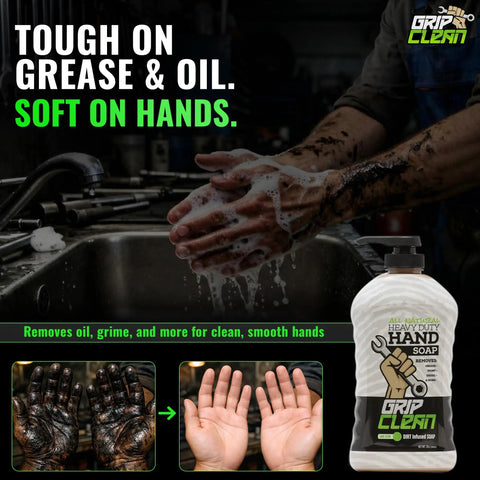 Heavy Duty Hand Cleaner For Mechanics With Pumice And Clay Infused Formula That Kicks Grease Oil And Grime Moisturizing Liquid Hand Soap For Shop Garage And Industrial Use 32 Oz bottle shown in use on greasy hands at a sink