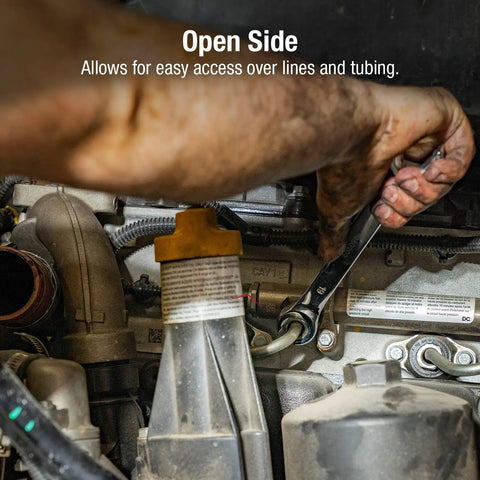 Mechanic using Flare Nut Wrench Set, 9-Piece, SAE And Metric, Fully Polished Chrome on automotive brake lines