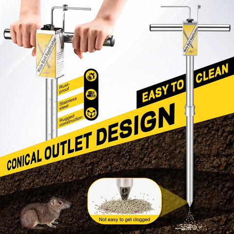 Stainless Steel Gopher And Mole Bait Applicator For Lawns And Yards with non-clogging outlet design and T-handle.