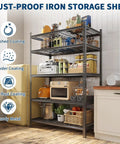 Tough As Nails Heavy Duty Metal Shelving Unit 5 Adjustable Tiers 36X16X72 Inch Garage Storage Rig with kitchen supplies and appliances.