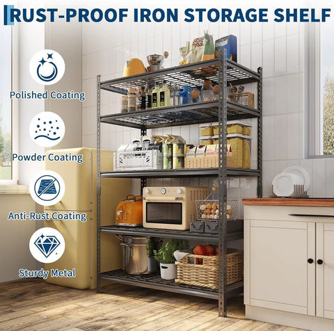 Tough As Nails Heavy Duty Metal Shelving Unit 5 Adjustable Tiers 36X16X72 Inch Garage Storage Rig with kitchen supplies and appliances.