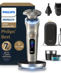 Philips Norelco i9000 Prestige Ultra electric shaver set with SenseIQ Pro, base, trimmer, pouch, and cleaning pod