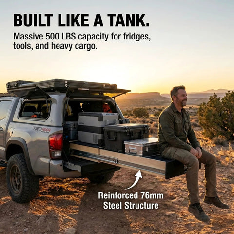 76MM Heavy Duty Drawer Slides With 500 LB Capacity holding gear in truck bed outdoors