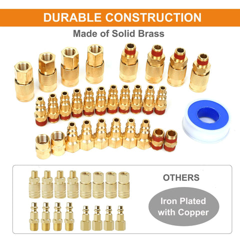 Solid Brass Air Fittings Kit With One Quarter Inch NPT Couplers And Plugs, Thirty Piece Industrial Quick Connector Set for Air Compressors