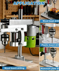 Mini Benchtop Drill Press With Bright Work Light For Precise Woodworking Jewelry And Crafts Rear Mounted 795 Motor Small Bench Drilling Machine B10 Chuck And Belt Guard Ideal For Hobbyists And Pros shown in different drilling applications.