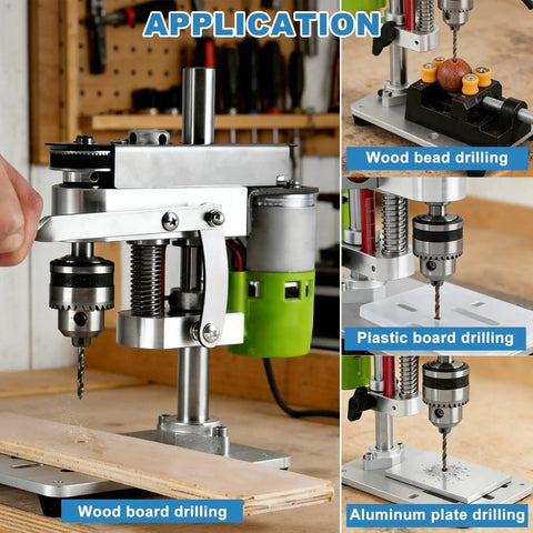 Mini Benchtop Drill Press With Bright Work Light For Precise Woodworking Jewelry And Crafts Rear Mounted 795 Motor Small Bench Drilling Machine B10 Chuck And Belt Guard Ideal For Hobbyists And Pros shown in different drilling applications.