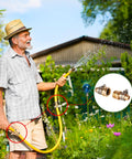 Man using garden hose with repair kit, clamps and fittings inserts shown. Focus keyword: Garden Hose Repair Kit With Clamps And Fittings For 3/4 Inch Or 5/8 Inch Hoses, 4 Sets Of Male And Female Connectors, Stainless Clamps, Rubber Washers, Easy DIY Fix, Durable Metal Construction, No Tools Needed