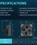 Specifications of 10 Inch Shutter Exhaust Fan With 647 CFM High Airflow, Whisper Quiet Low Noise Wall Mount Extractor