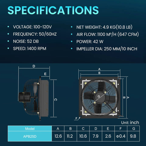 Specifications of 10 Inch Shutter Exhaust Fan With 647 CFM High Airflow, Whisper Quiet Low Noise Wall Mount Extractor