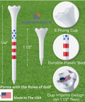 Plastic Golf Tees Value Pack Of Fifty With Forty Tees In Three And A Quarter Inch Length And Ten Short Tees In One And A Half Inch For Irons Hybrids And Par Threes Stars And Stripes USA Flag Design Made In The USA shown on grass with label details