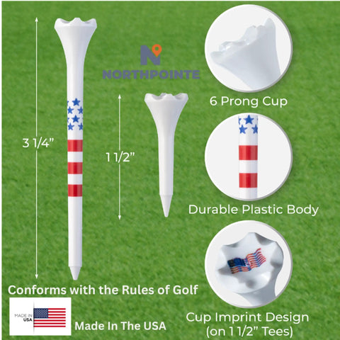 Plastic Golf Tees Value Pack Of Fifty With Forty Tees In Three And A Quarter Inch Length And Ten Short Tees In One And A Half Inch For Irons Hybrids And Par Threes Stars And Stripes USA Flag Design Made In The USA shown on grass with label details
