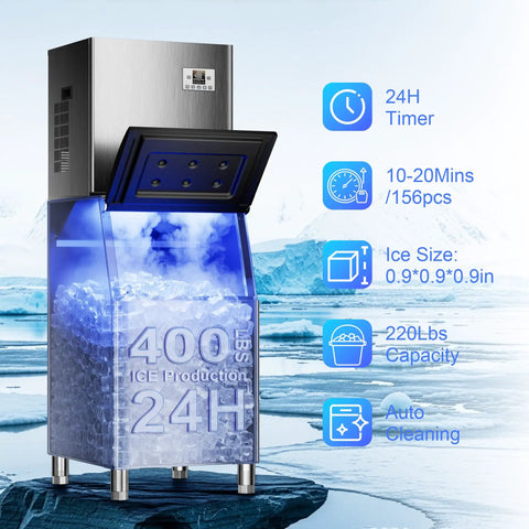 Boss Level Bulk Ice Maker Machine With 450 Lbs Per Day Capacity And 250 Lbs Storage, showcasing ice production features
