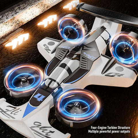 Close-up of 2 In 1 Flying Car Stunt Drone For Outdoors And Indoors With Dual Land And Air Modes RC Quadcopter Toy showing design details