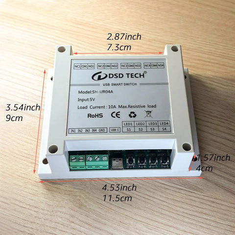 USB Powered 4 Channel Relay Module For PC And Mac With Plug And Play Setup CP2102 Serial Interface No Extra Power Supply Needed on wooden table.