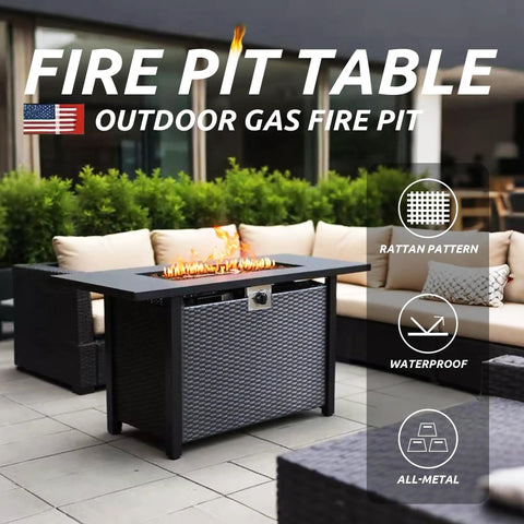 Propane Fire Pit Table 43 Inch Rectangle Outdoor Gas Fire Pit For Patio Balcony And Backyard 2 In 1 Dining Table And Fire Pit With Lava Rock And Table Lid on patio with sofas