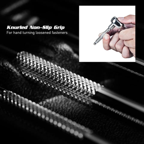 Close-up of Quarter Inch Drive Wobble Extension Bar Set 5 Piece showing knurled non-slip grip and use for hard to reach fasteners.