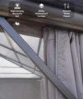 Close-up of All Weather 12x16 Ft Hardtop Gazebo With Aluminum Frame And Double Polycarbonate Roof showing netting and curtain features.