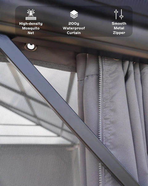 Close-up of All Weather 12x16 Ft Hardtop Gazebo With Aluminum Frame And Double Polycarbonate Roof showing netting and curtain features.