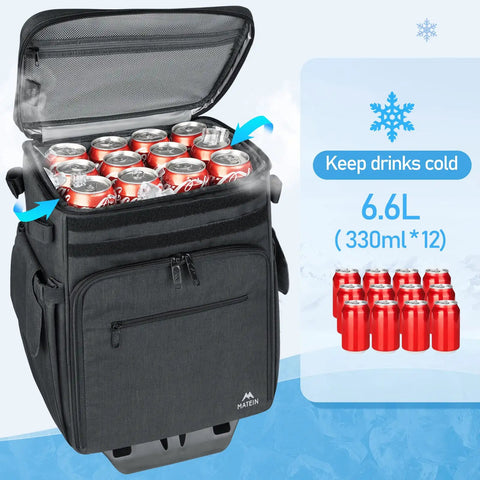 Rolling Tackle Box With Cooler And Wheels, Large Saltwater Ready Fishing Backpack With Rod Holders, Insulated Compartment Open