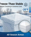 Snug As A Bug 4X4 Vinyl Fence Post Caps Set Of Six White Design on icy post, showcasing freeze-thaw stability in extreme cold.