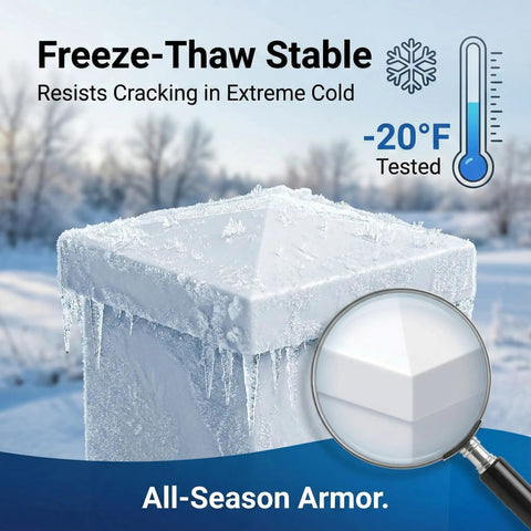 Snug As A Bug 4X4 Vinyl Fence Post Caps Set Of Six White Design on icy post, showcasing freeze-thaw stability in extreme cold.
