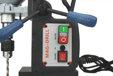 Real Deal Heavy Duty Magnetic Drill Press With Roto Broach Function For Steel Fabrication, 7/16 To 1 1/2 Inch Bore Range, control panel with switches.