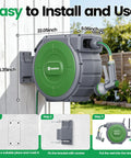 Wall-mounted gray green garden retractable hose reel with dimensions, showing installation steps and slow return system setup