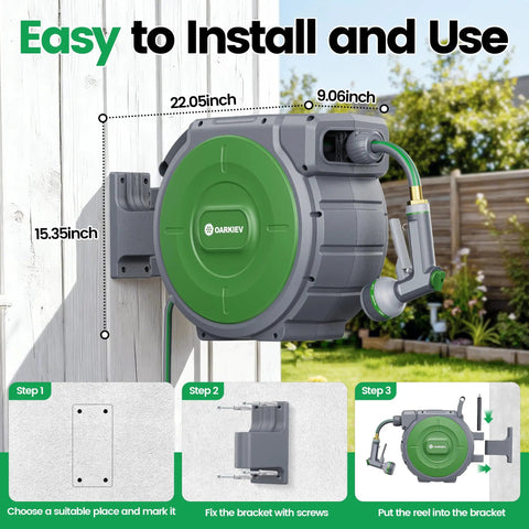 Wall-mounted gray green garden retractable hose reel with dimensions, showing installation steps and slow return system setup