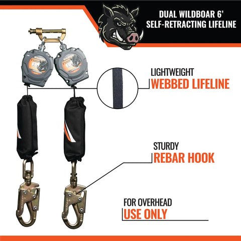 Heavy Duty Six Foot Dual Self Retracting Lifeline With Steel Snap Hook For Construction Fall Protection Harness Tie Off Badass Osha Ansi Certified Built Like A Tank, showcasing 6ft webbed lifeline and rebar hooks.