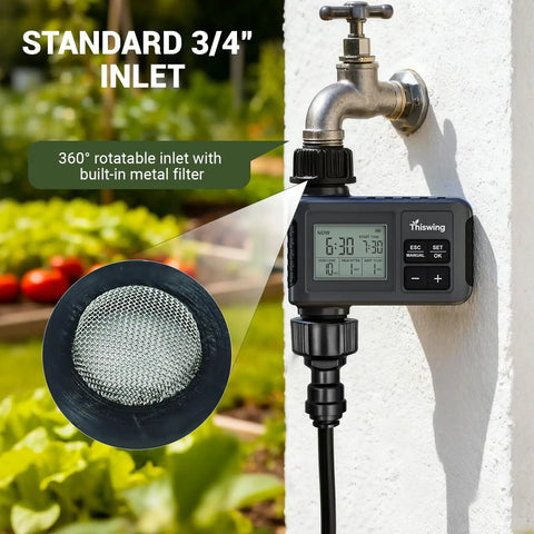 360 Degree Adjustable Drip Irrigation System With 50 Ft Tubing, 16 Nozzles, Water Timer, Rain Delay, Garden Mister, timer setup