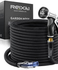Relxitl Garden Hose, 50ft, black flexible non-expanding hose with 10-function spray nozzle and brass fittings.